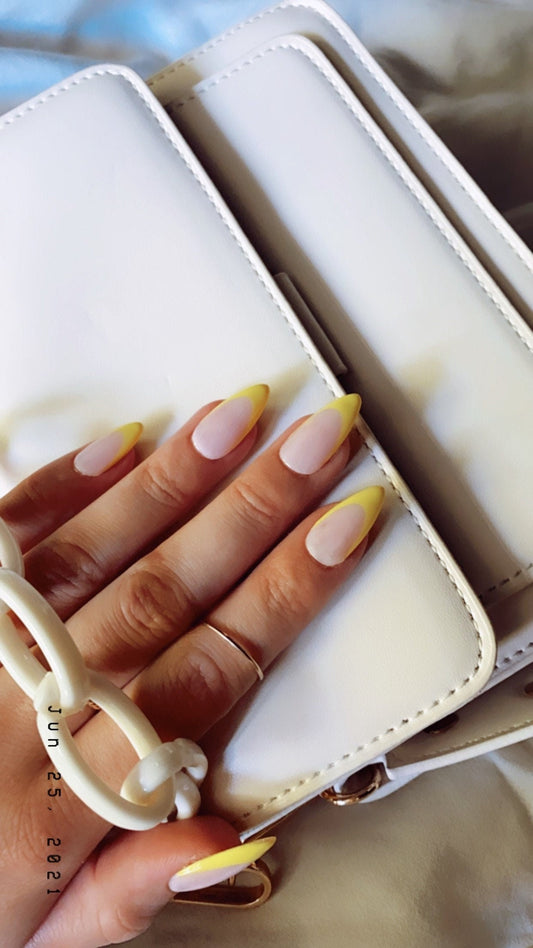 Pink lemonade - yellow French tip press on nail set